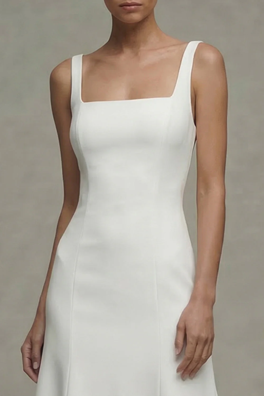 White A Line Satin Square Neck Midi Rehearsal Dinner Dress - Image 3