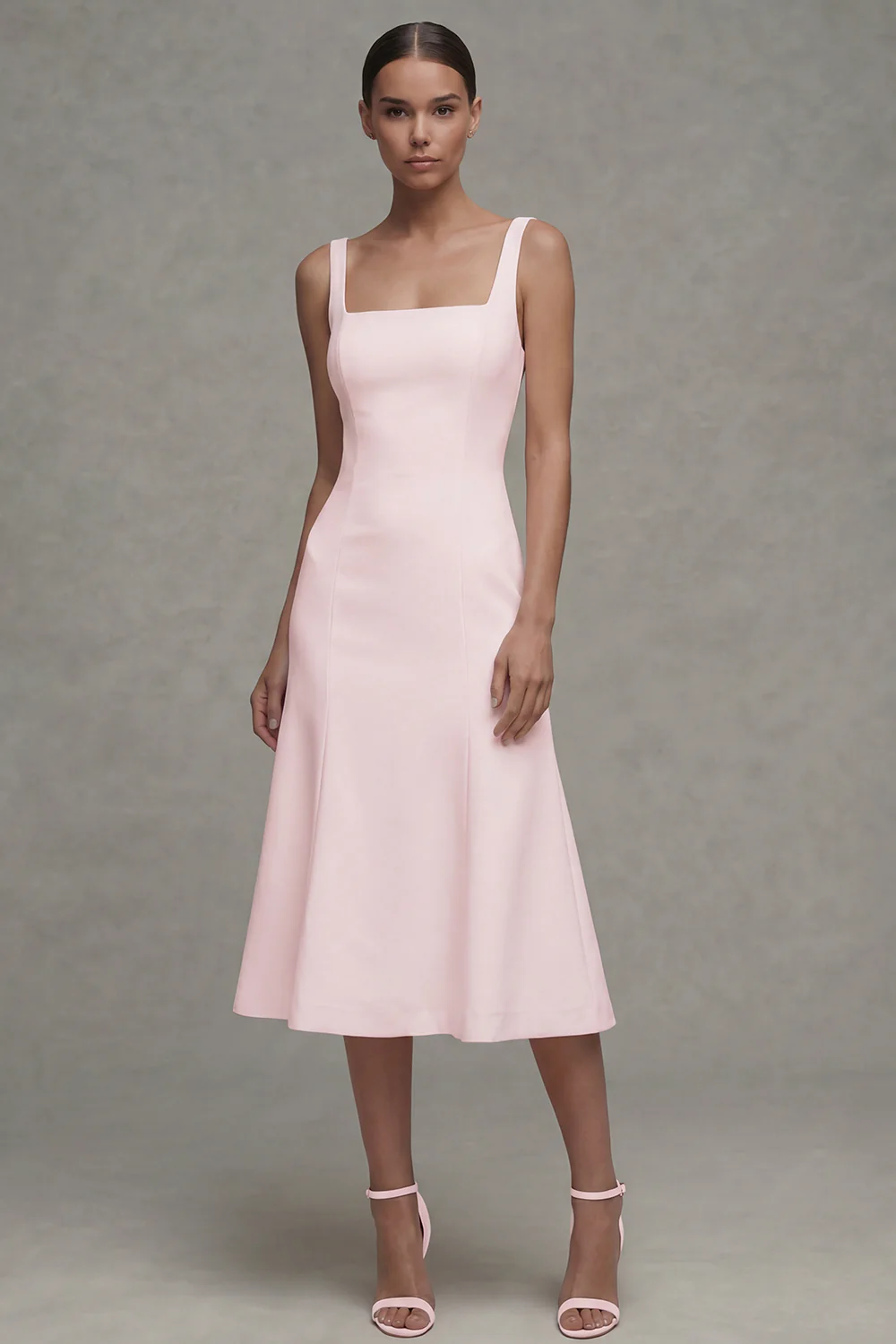 White A Line Satin Square Neck Midi Rehearsal Dinner Dress - Image 5