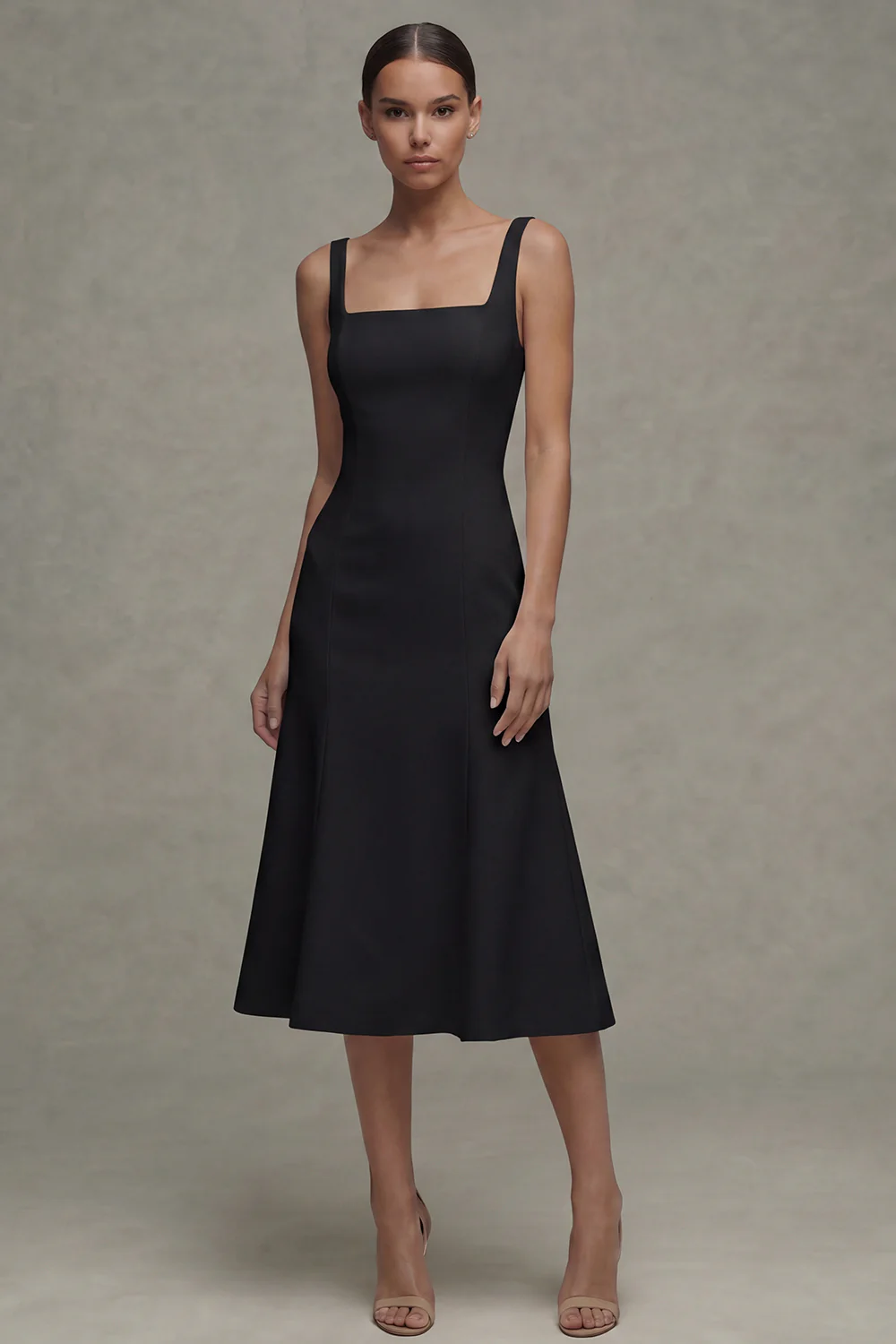White A Line Satin Square Neck Midi Rehearsal Dinner Dress - Image 6