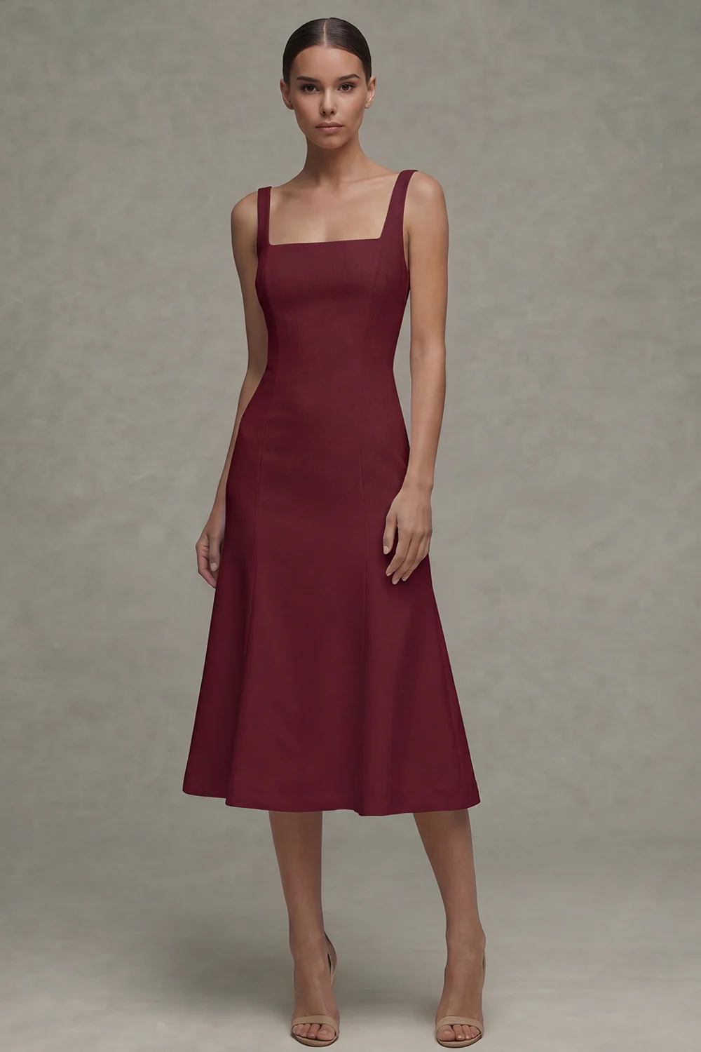 White A Line Satin Square Neck Midi Rehearsal Dinner Dress - Image 7
