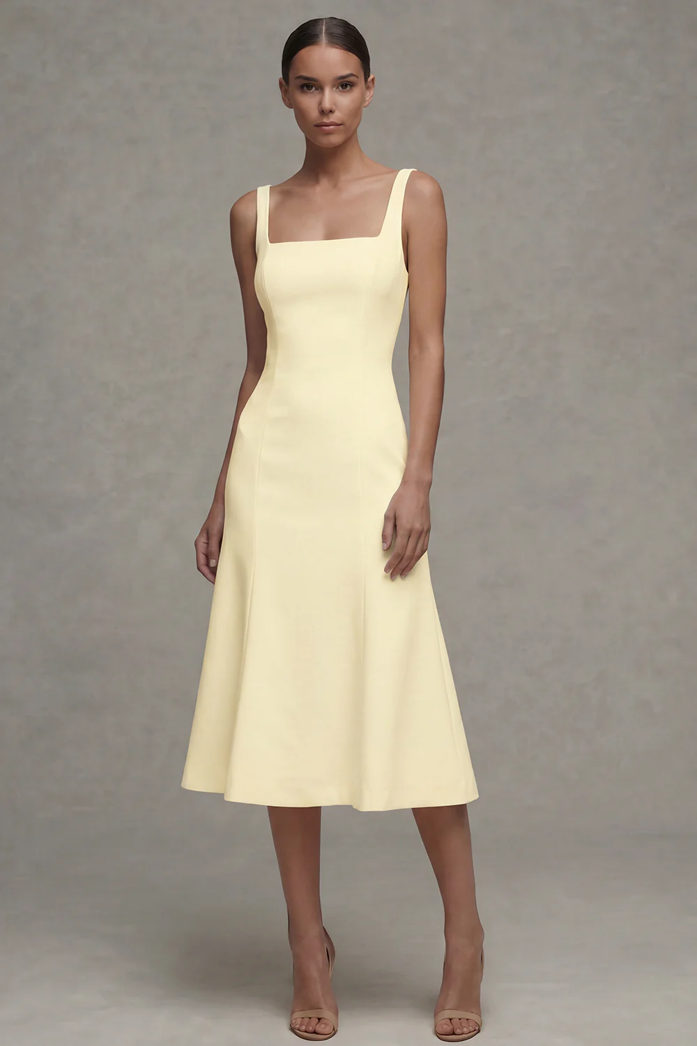 White A Line Satin Square Neck Midi Rehearsal Dinner Dress - Image 8