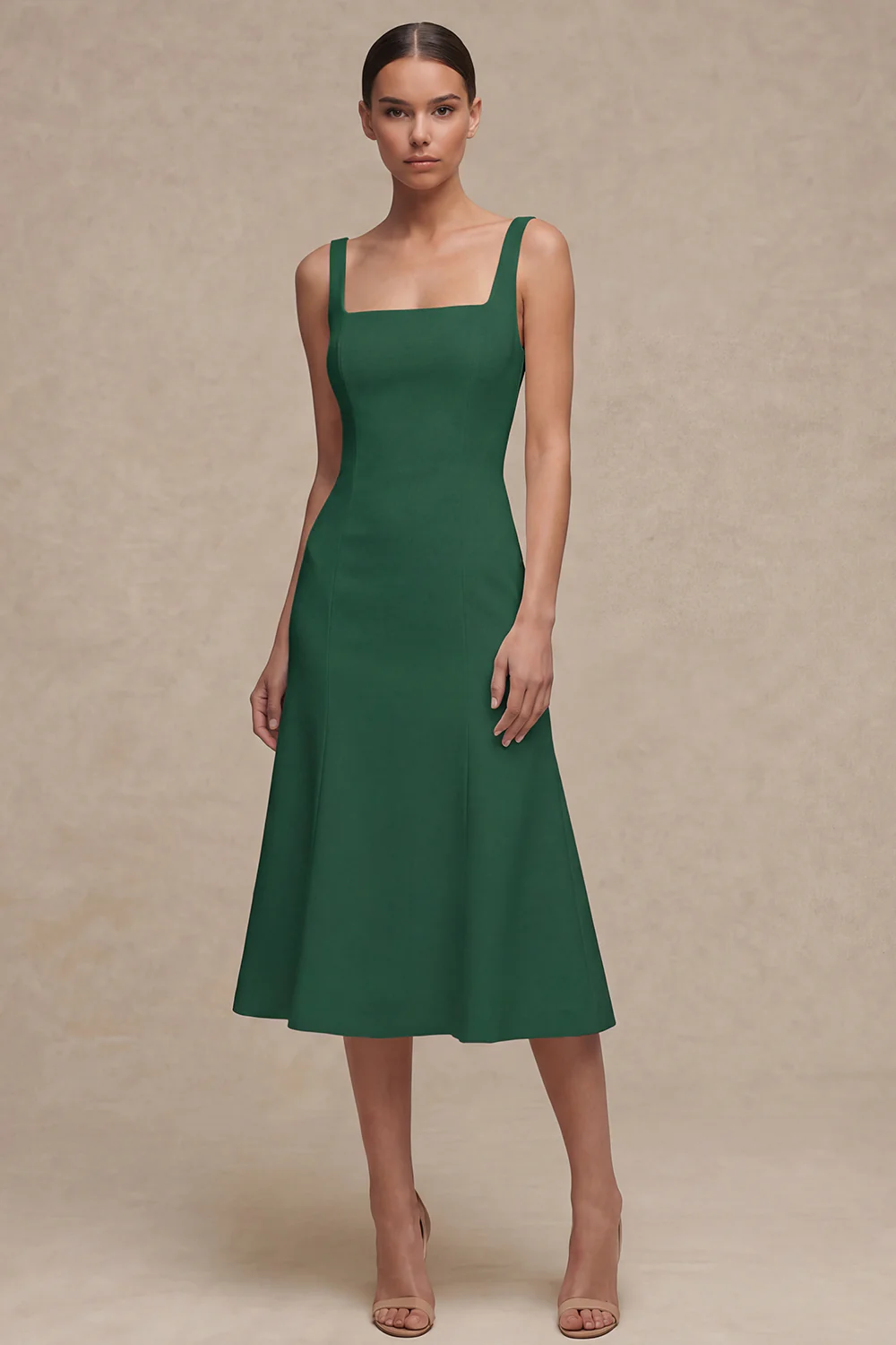 White A Line Satin Square Neck Midi Rehearsal Dinner Dress - Image 9