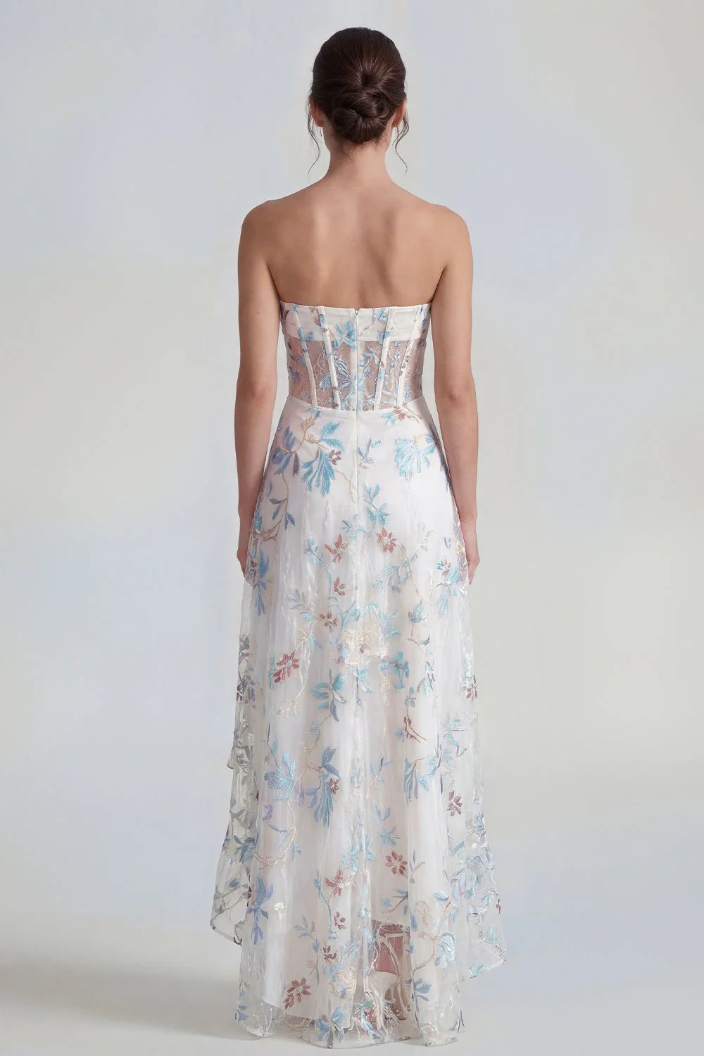 White A-Line Strapless Corset Long Multi Floral Dress with Ruffle Slit - Image 2