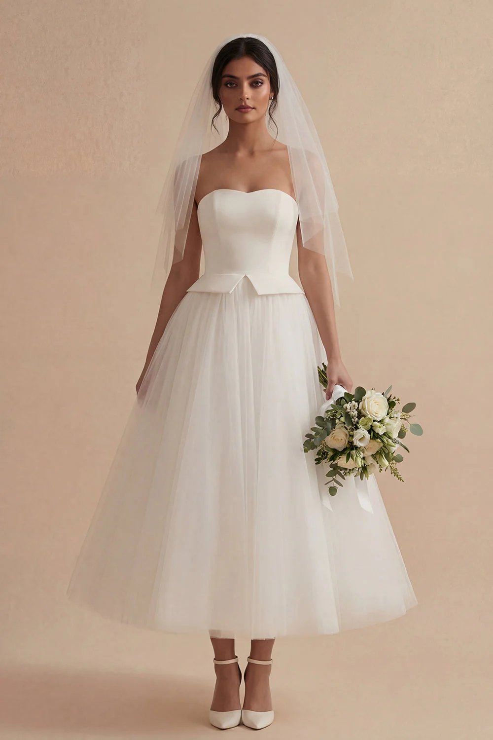 White A Line Strapless Tulle Elegant Long Wedding Dress