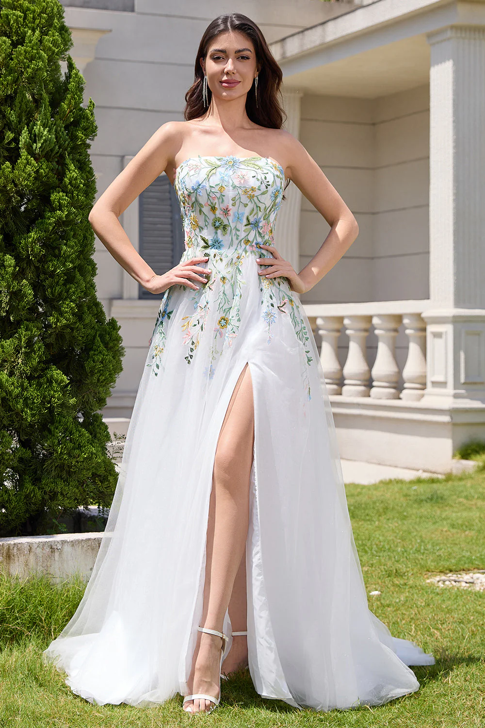 White A Line Strapless Tulle Long Slit Wedding Dress with 3D Flowers - Image 6