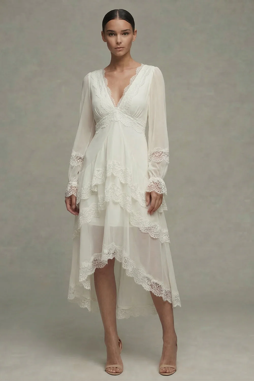 White A Line V-Neck Ruffled Midi Engagement Dress with Lace