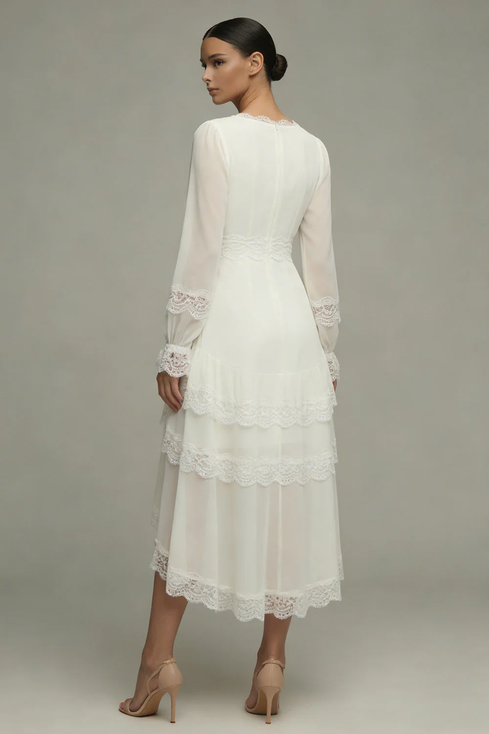 White A Line V-Neck Ruffled Midi Engagement Dress with Lace - Image 2