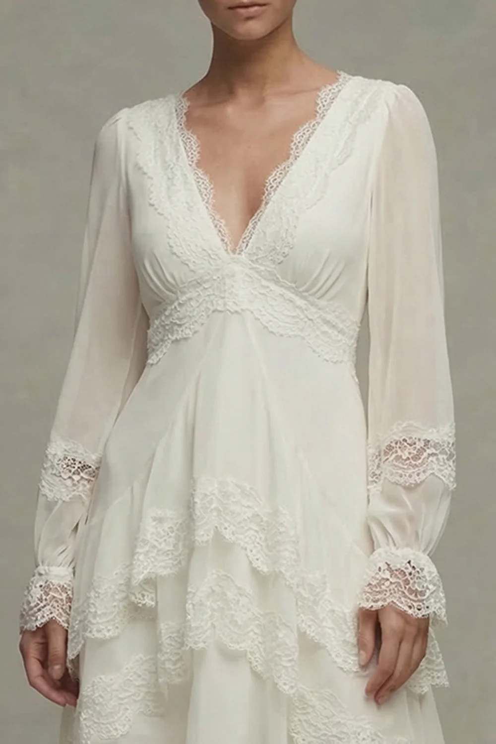 White A Line V-Neck Ruffled Midi Engagement Dress with Lace - Image 3