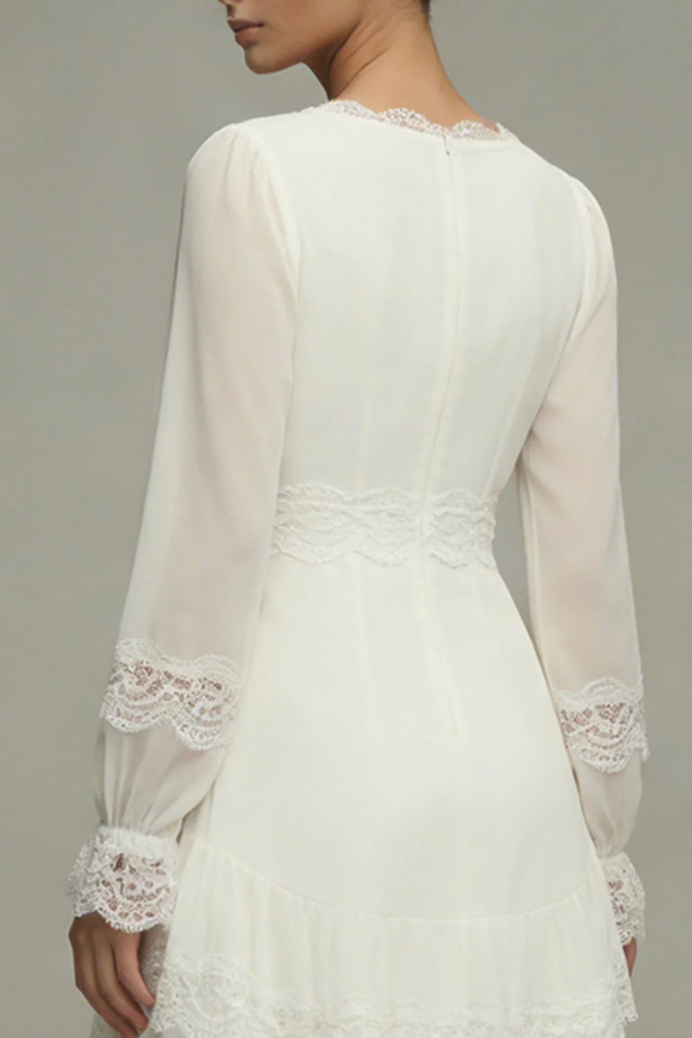 White A Line V-Neck Ruffled Midi Engagement Dress with Lace - Image 4