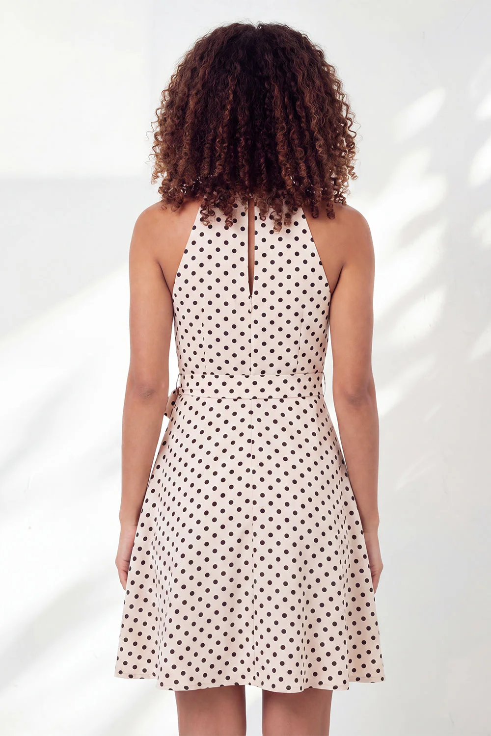 White Black Dot A-Line Halter Neck Mini Graduation Dress with Belt - Image 2