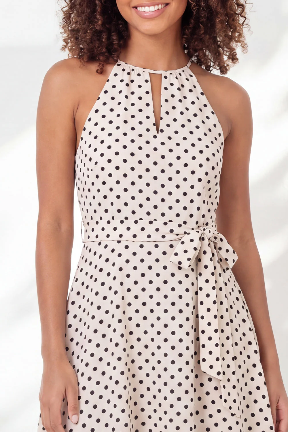 White Black Dot A-Line Halter Neck Mini Graduation Dress with Belt - Image 5