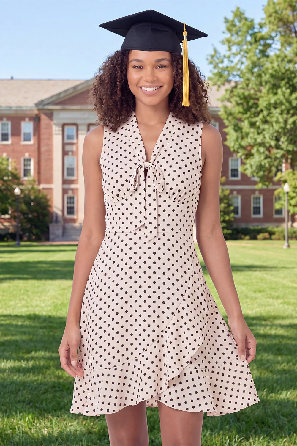 White Black Dot A-Line V-Neck Mini Graduation Dress with Ruffles
