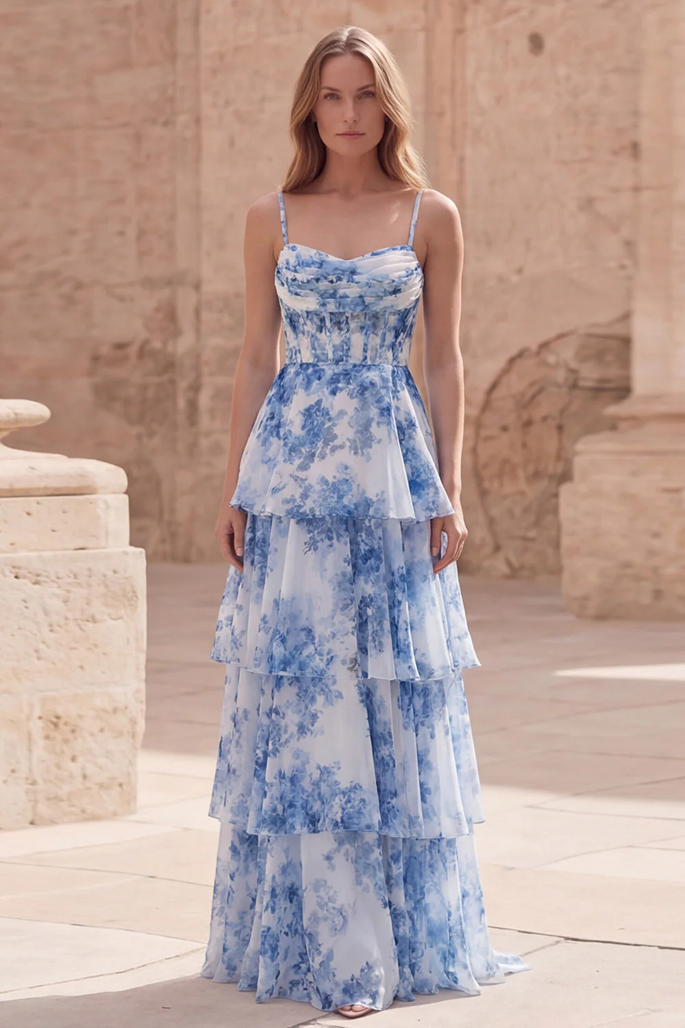 White Blue Flower A Line Corset Tiered Long Prom Dress with Ruffles
