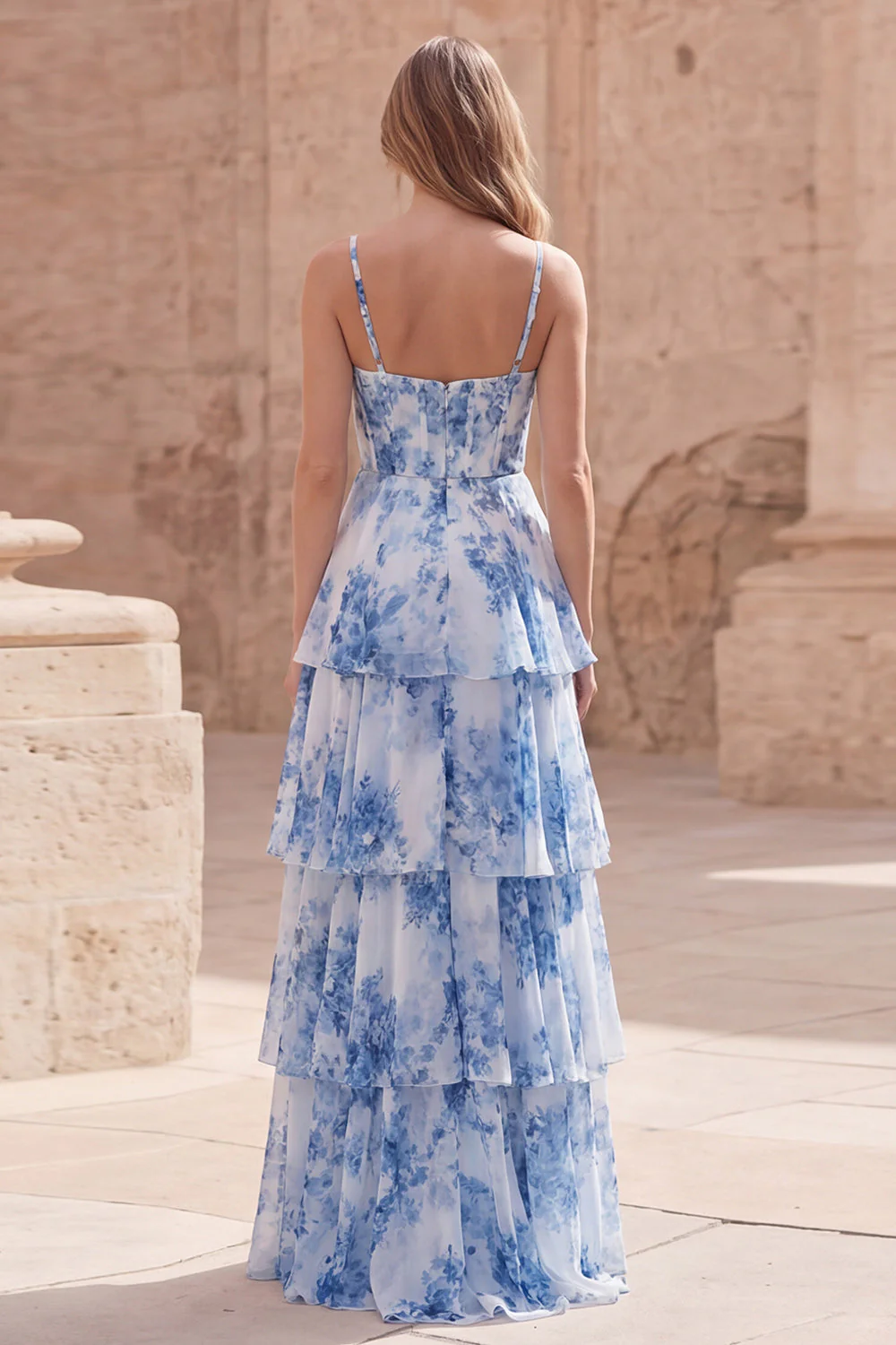 White Blue Flower A Line Corset Tiered Long Prom Dress with Ruffles - Image 2