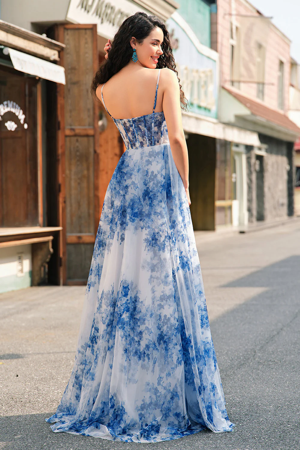 White Blue Flower A-Line Spaghetti Straps Ruched Corset Long Prom Dress With Slit - Image 2