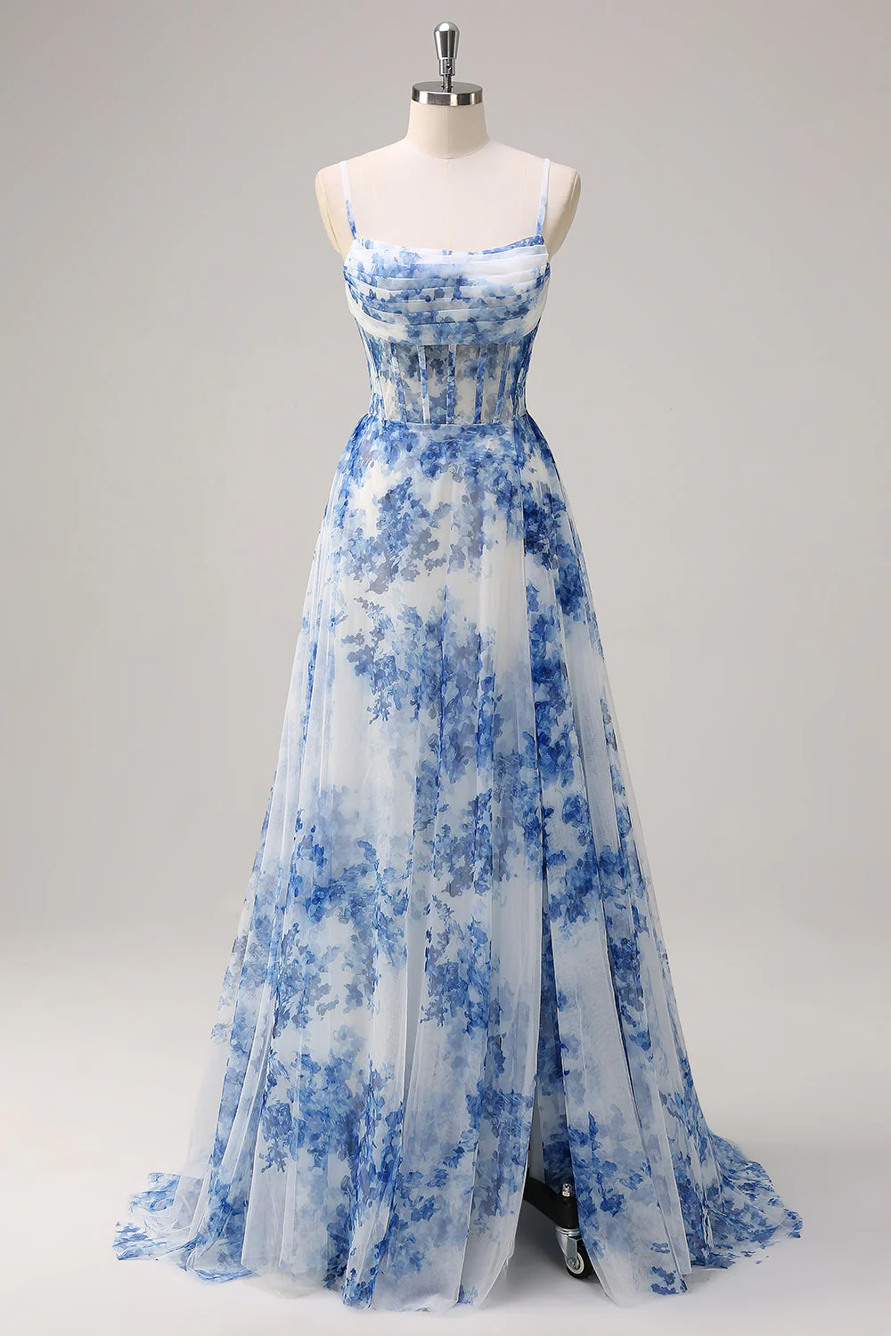 White Blue Flower A-Line Spaghetti Straps Ruched Corset Long Prom Dress With Slit - Image 4