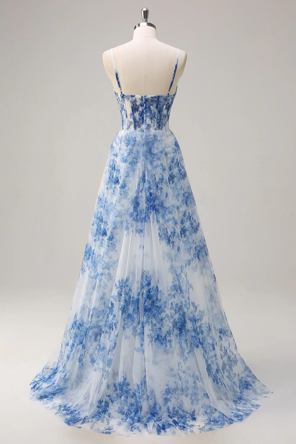 White Blue Flower A-Line Spaghetti Straps Ruched Corset Long Prom Dress With Slit - Image 5