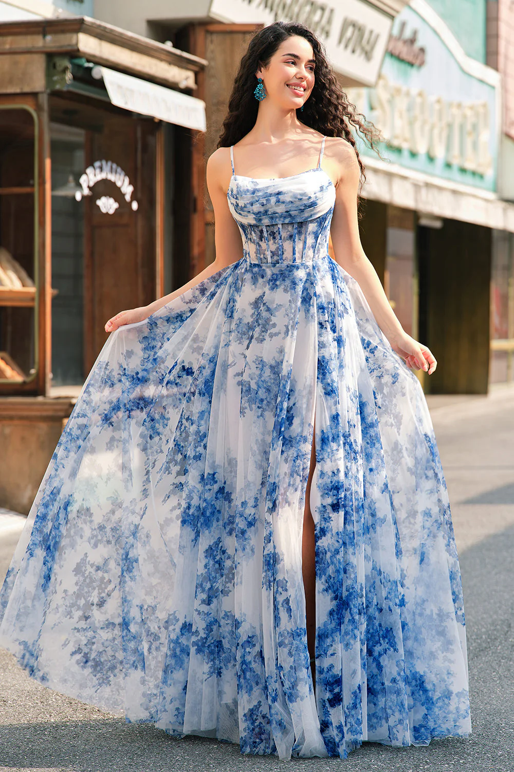 White Blue Flower A-Line Spaghetti Straps Ruched Corset Long Prom Dress With Slit - Image 7