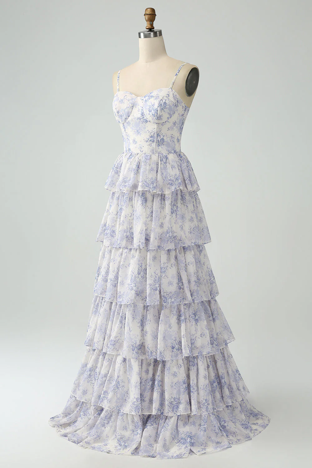 White Blue Flower A Line Spaghetti Straps Tiered Bridesmaid Dress With Ruffles - Image 5