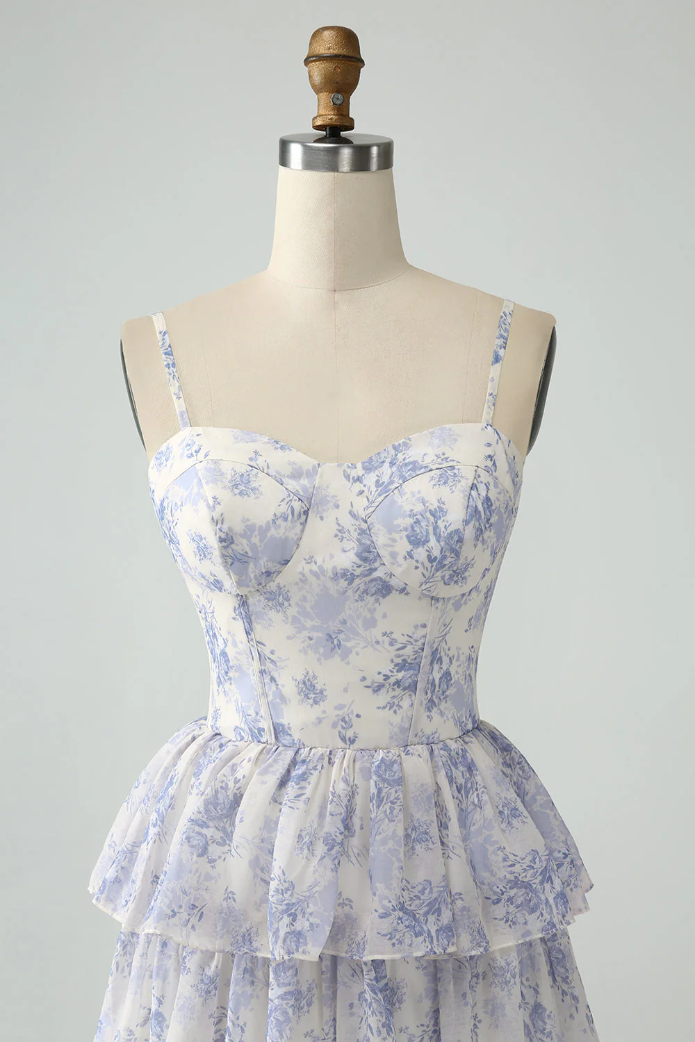 White Blue Flower A Line Spaghetti Straps Tiered Bridesmaid Dress With Ruffles - Image 6