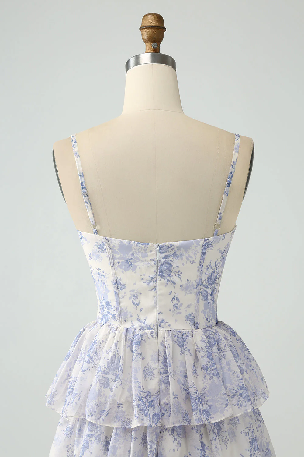 White Blue Flower A Line Spaghetti Straps Tiered Bridesmaid Dress With Ruffles - Image 7
