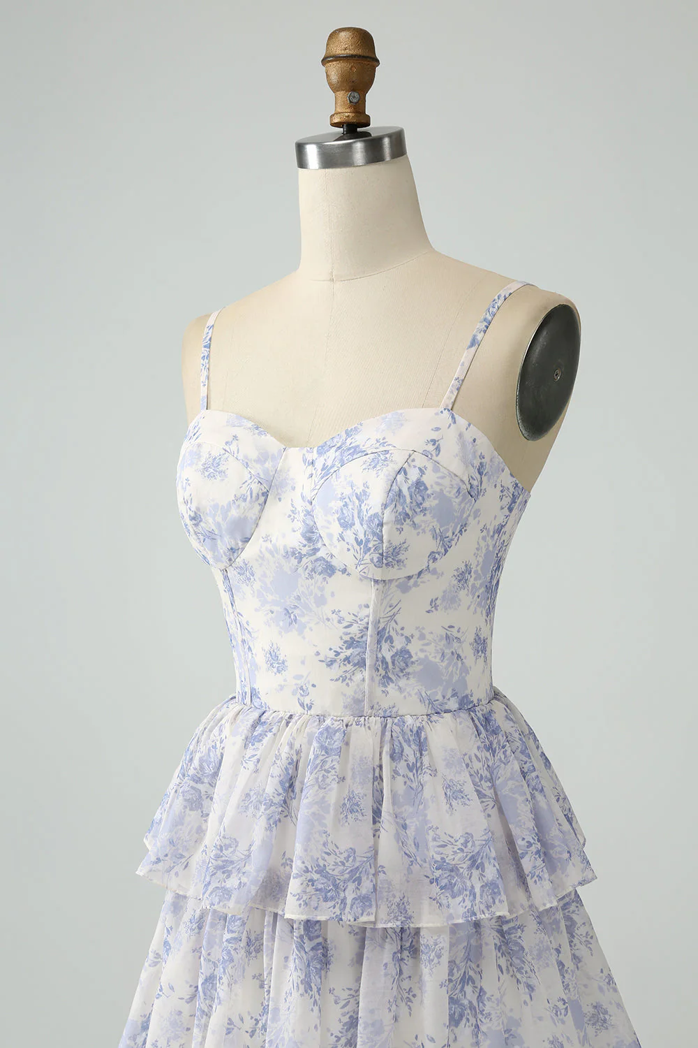White Blue Flower A Line Spaghetti Straps Tiered Bridesmaid Dress With Ruffles - Image 8