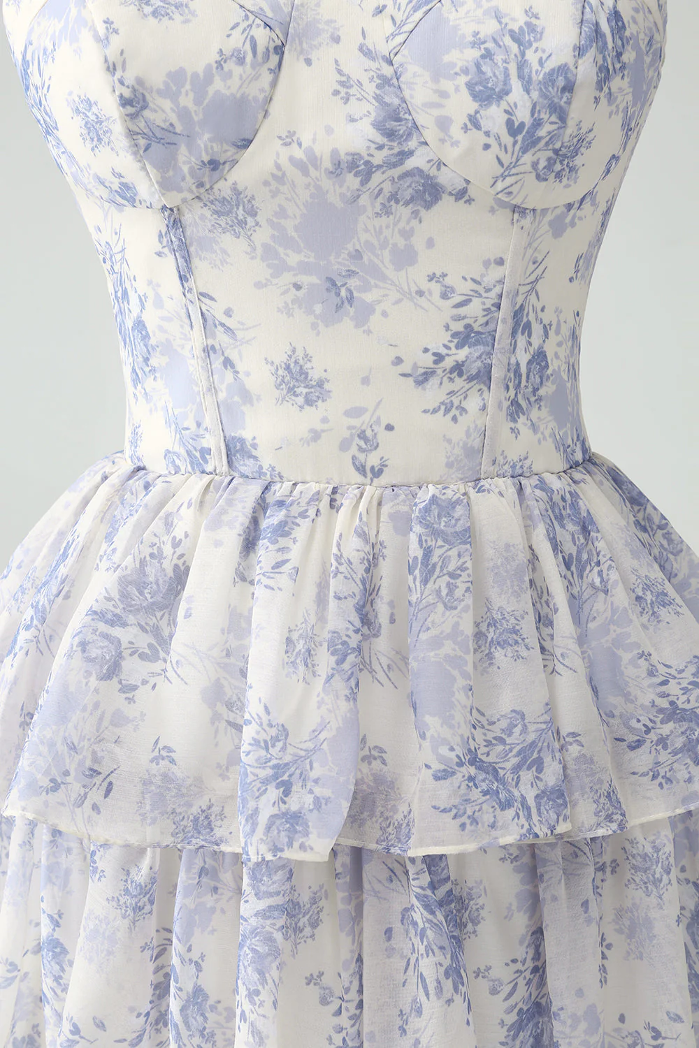 White Blue Flower A Line Spaghetti Straps Tiered Bridesmaid Dress With Ruffles - Image 9