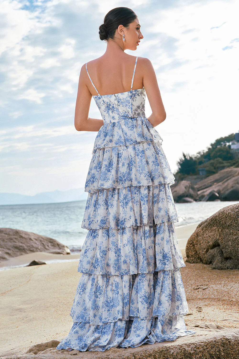 White Blue Flower A Line Spaghetti Straps Tiered Bridesmaid Dress With Ruffles - Image 4