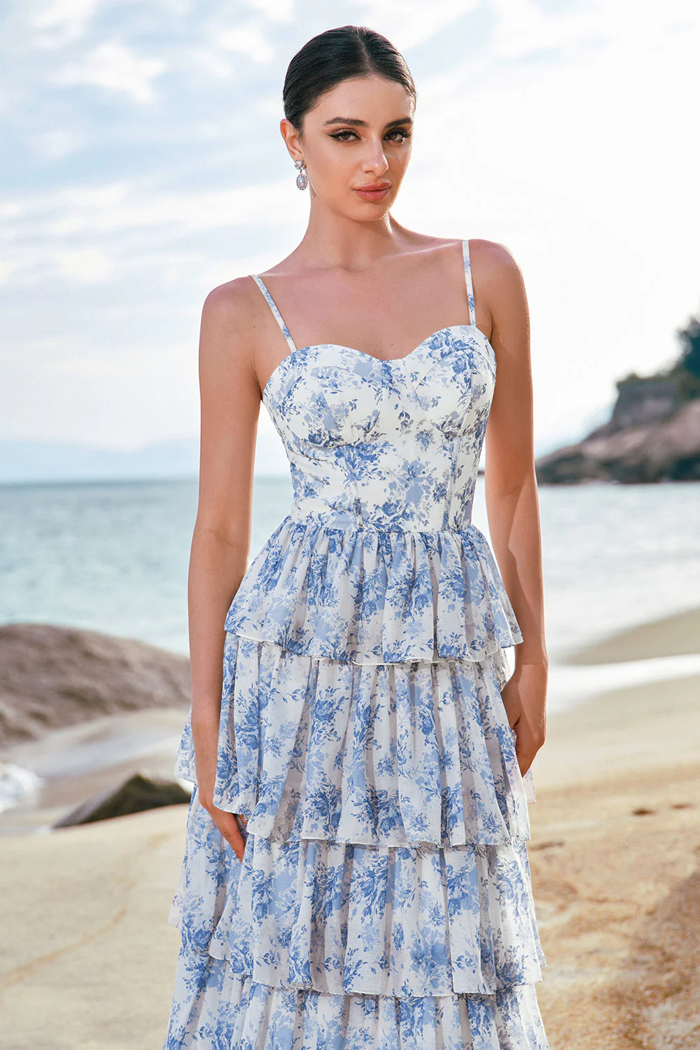 White Blue Flower A-Line Tiered Long Bridesmaid Dress With Ruffles - Image 5
