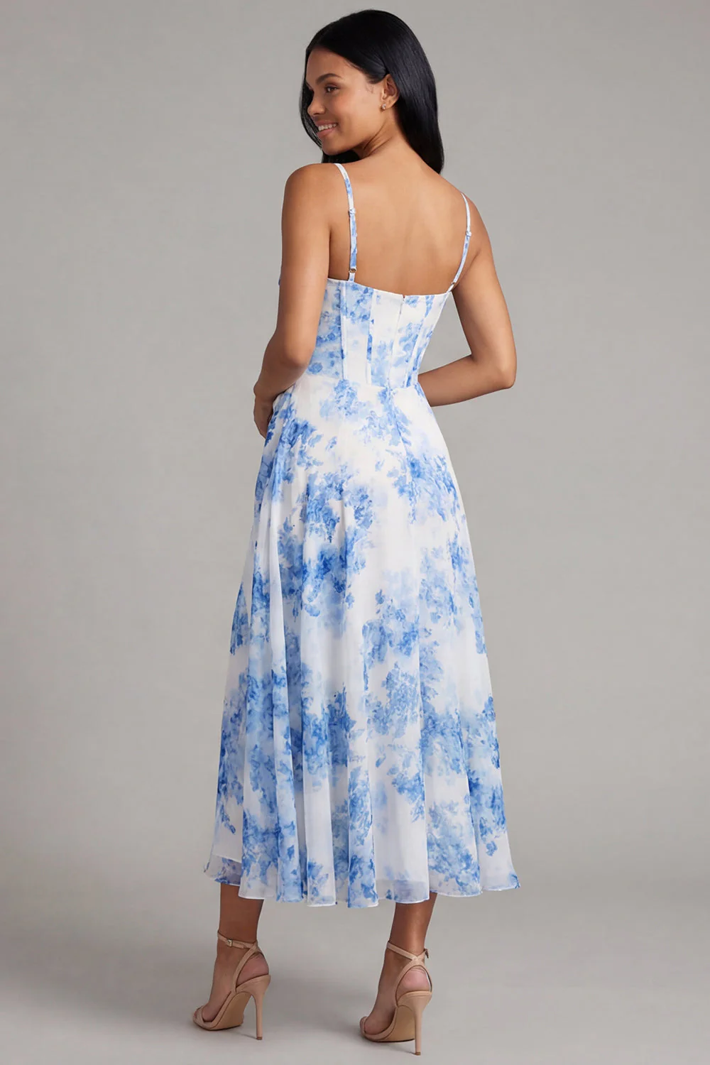 White Blue Flower Chiffon Corset Ruched Sheath Midi Dress with Slit - Image 3
