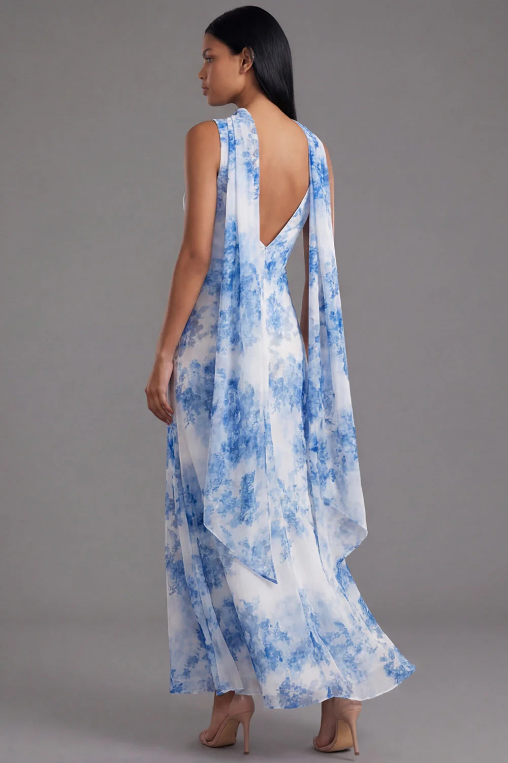 White Blue Flower V-Neck Sheath Long Chiffon Dress with Neck Scarf - Image 3