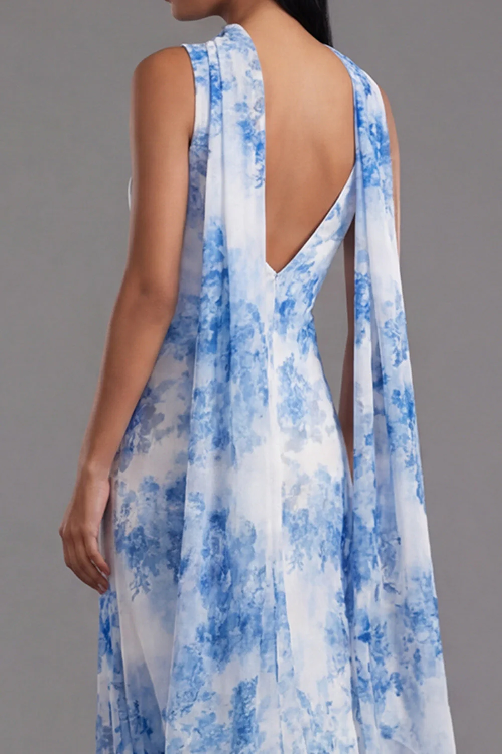 White Blue Flower V-Neck Sheath Long Chiffon Dress with Neck Scarf - Image 5