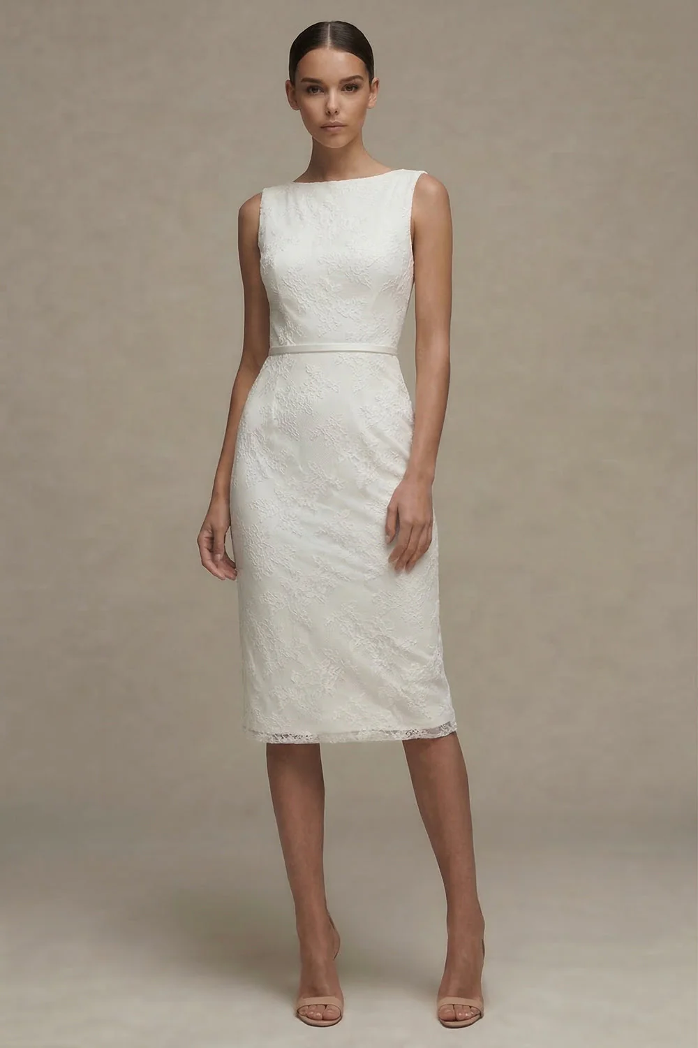 White Sheath Bateau Neck Lace Midi Graduation Dress