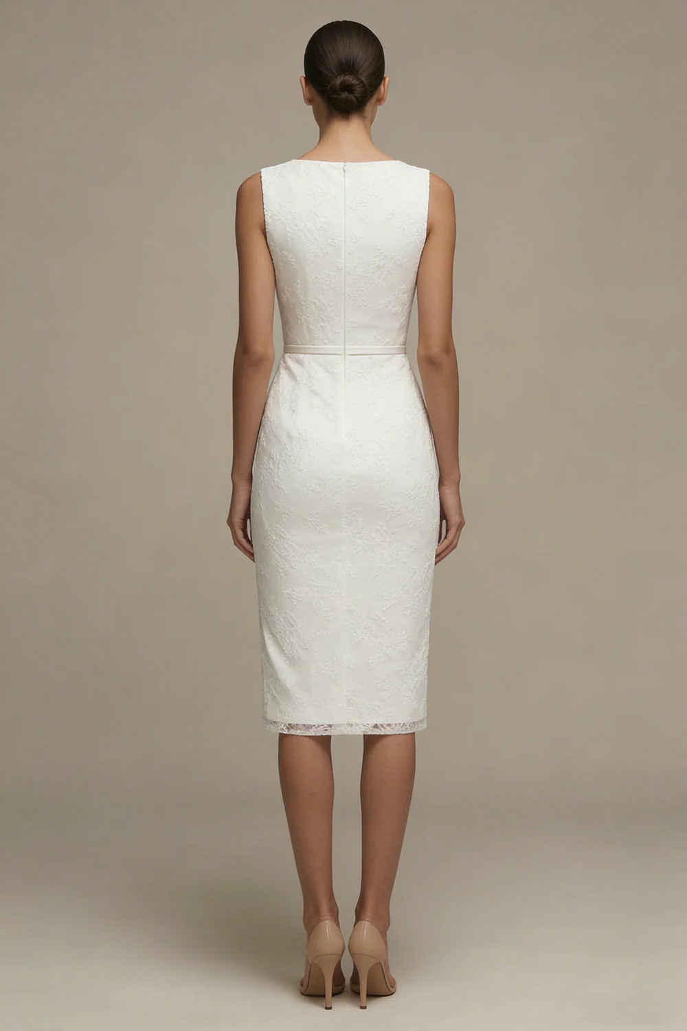 White Sheath Bateau Neck Lace Midi Graduation Dress - Image 2