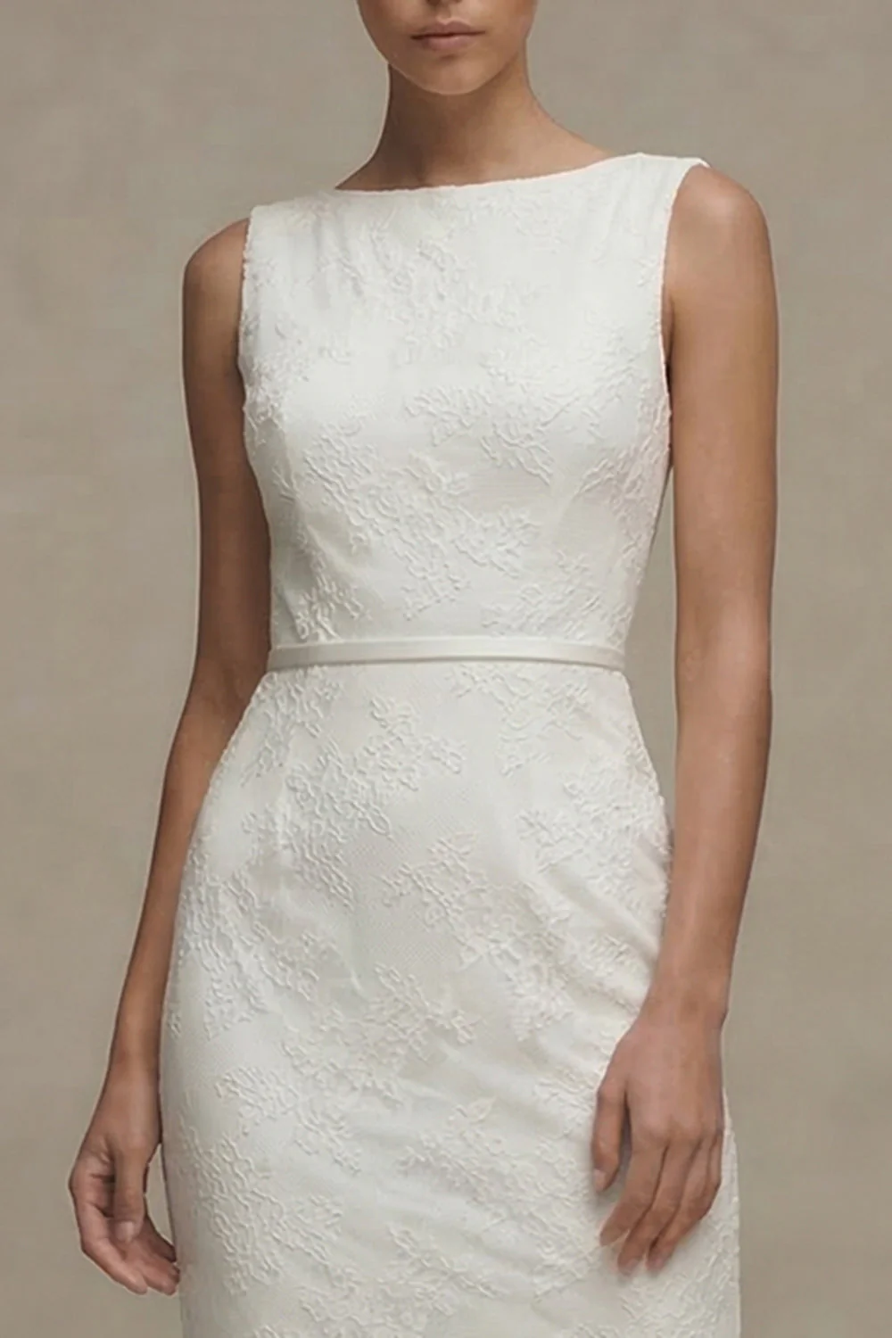 White Sheath Bateau Neck Lace Midi Graduation Dress - Image 3