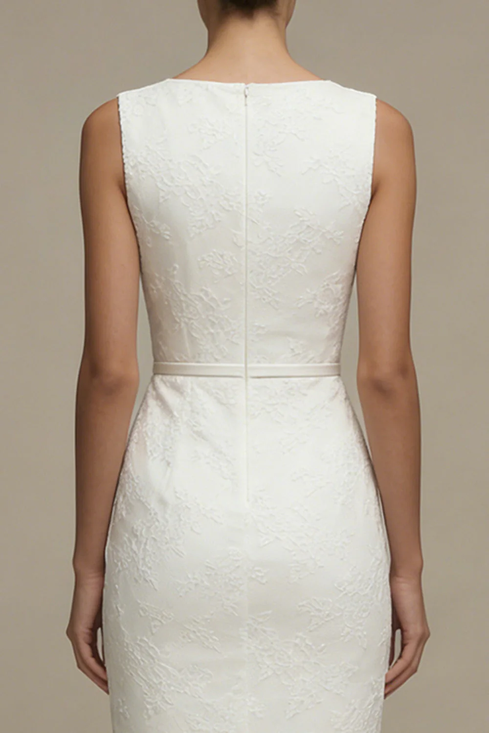 White Sheath Bateau Neck Lace Midi Graduation Dress - Image 4