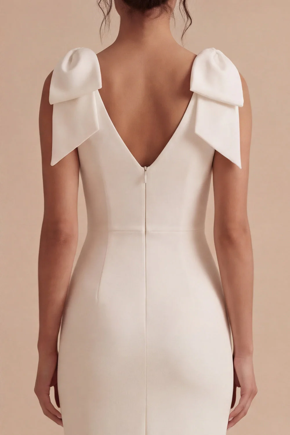 White Sheath Satin V-Neck Midi Engagement Dress with Bows - Image 4