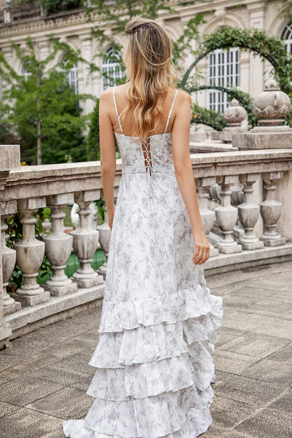 White Brown Flower A Line Spaghetti Straps Bridesmaid Dress With Ruffles - Image 2