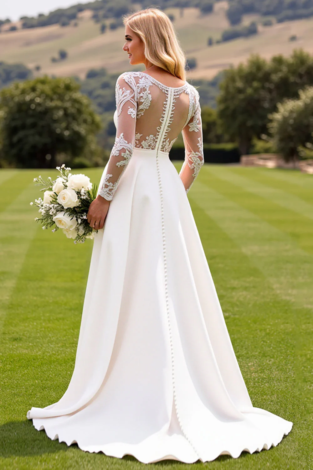 White Deep V Neck Long Sleeve Satin Bridal Jumpsuit - Image 2
