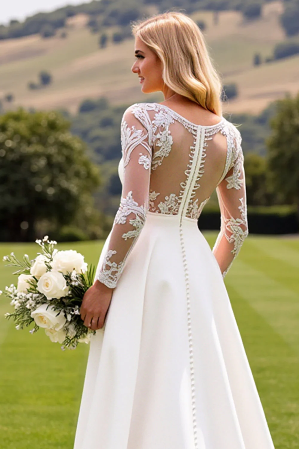 White Deep V Neck Long Sleeve Satin Bridal Jumpsuit - Image 4
