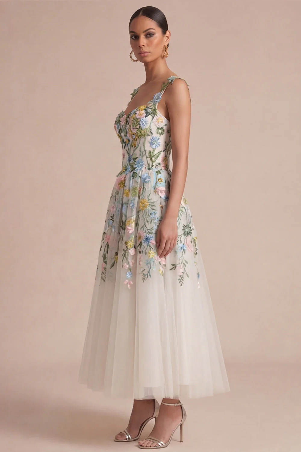 White Floral A Line Corset Square Neck Midi Dress - Image 2