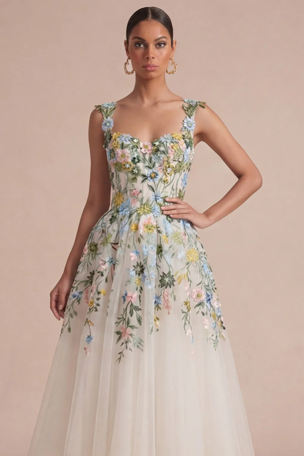 White Floral A Line Corset Square Neck Midi Dress - Image 3