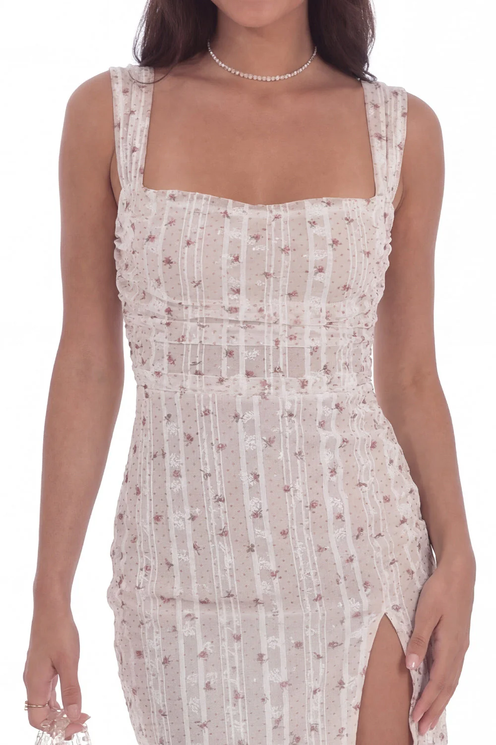 White Floral Bodycon Wide Straps Short Graduation Dress with Slit - Image 4