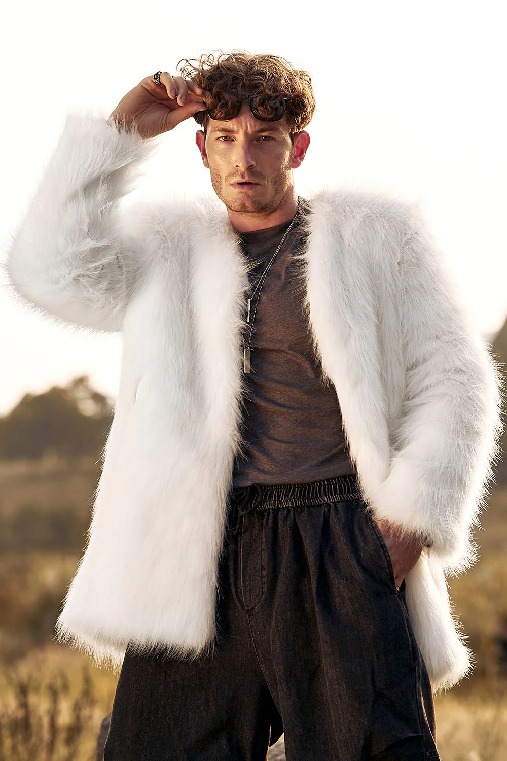 White Fluffy Faux Fur Long Sleeves Men's Cardigan Coat - Image 4