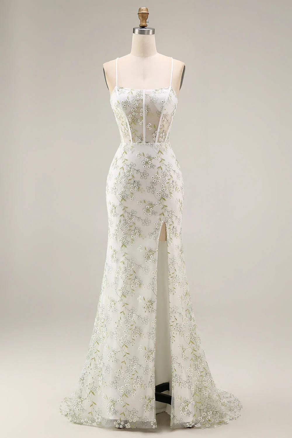 White Green Flower Sheer Corset Mermaid Lace Up Back Long Prom Dress with Slit