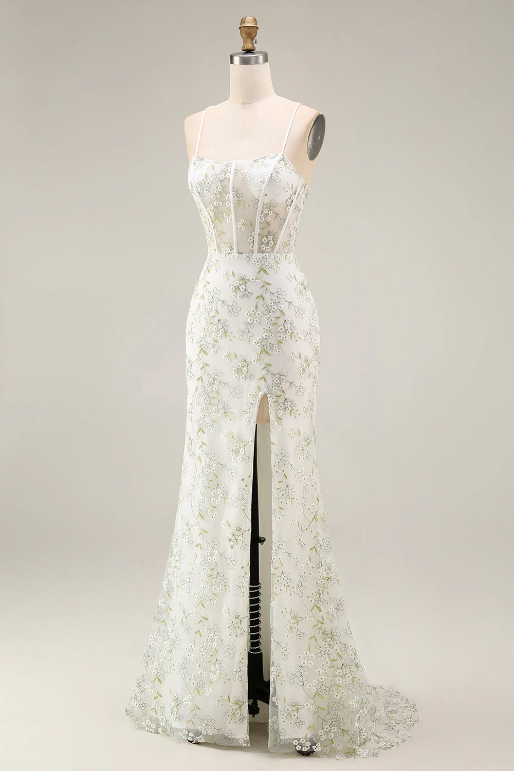 White Green Flower Sheer Corset Mermaid Lace Up Back Long Prom Dress with Slit - Image 3