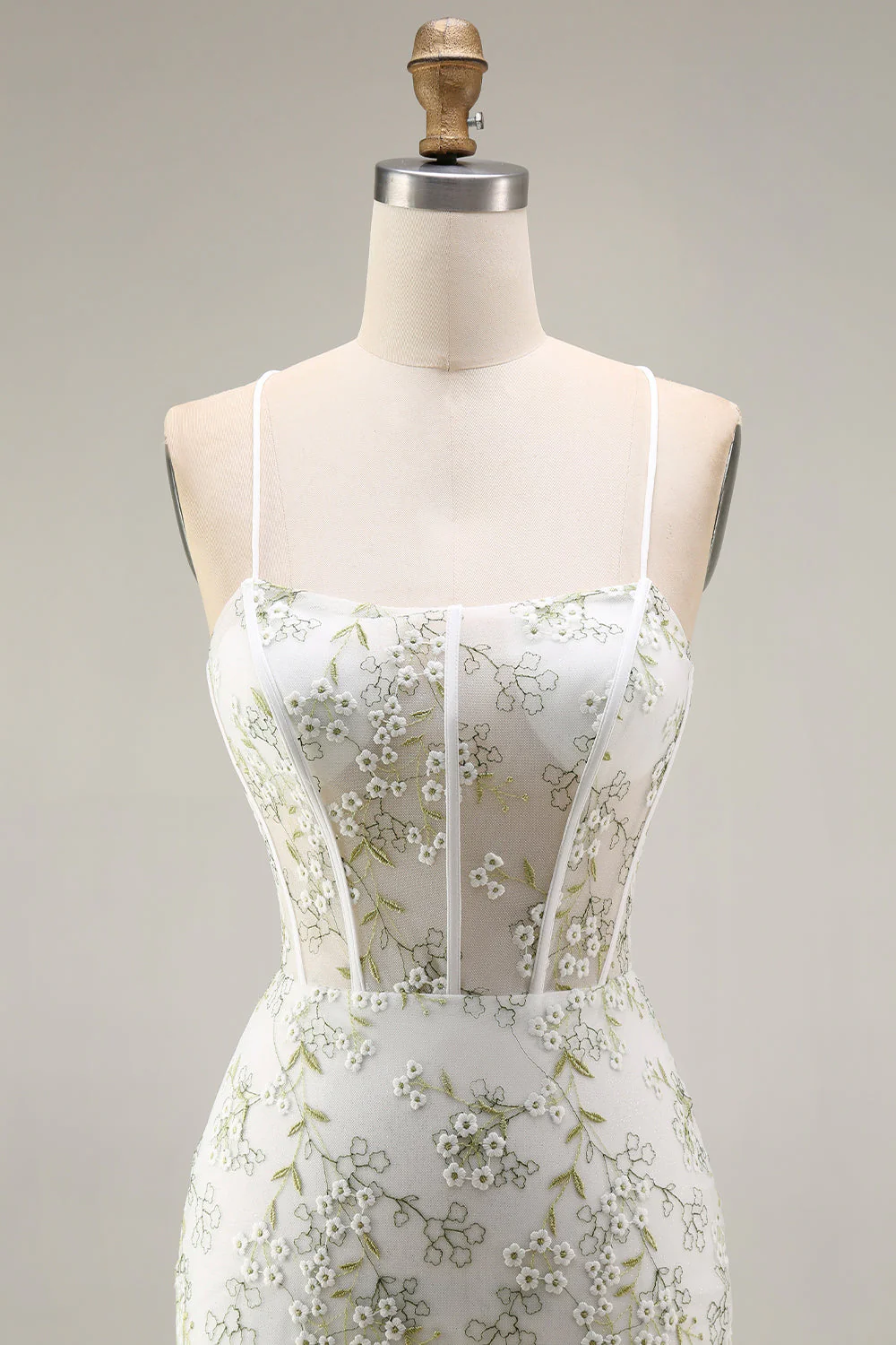 White Green Flower Sheer Corset Mermaid Lace Up Back Long Prom Dress with Slit - Image 4