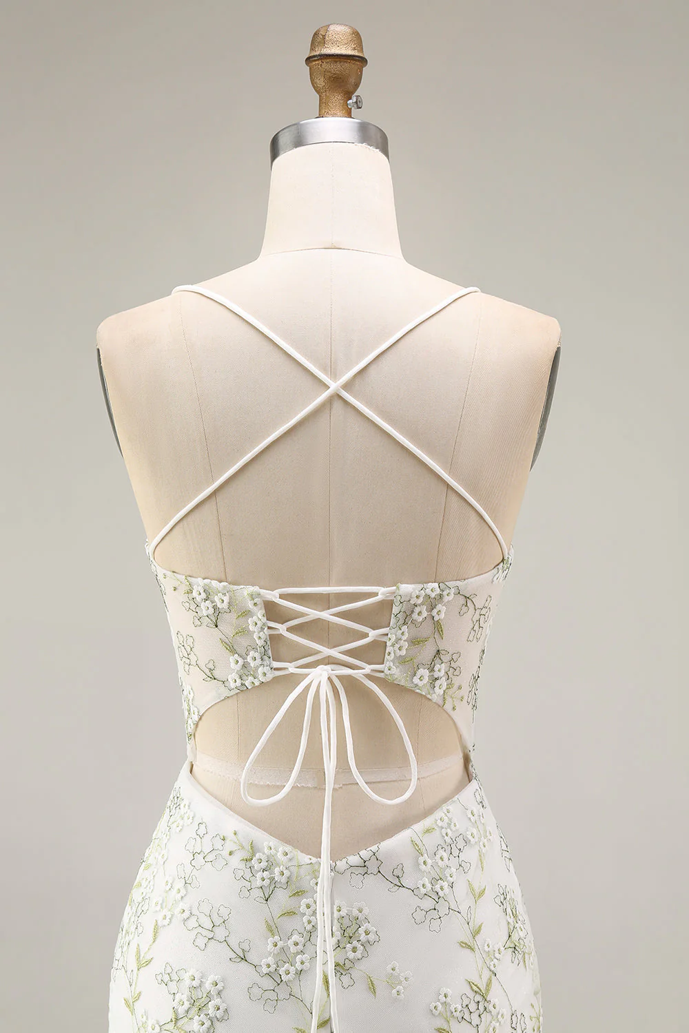 White Green Flower Sheer Corset Mermaid Lace Up Back Long Prom Dress with Slit - Image 5