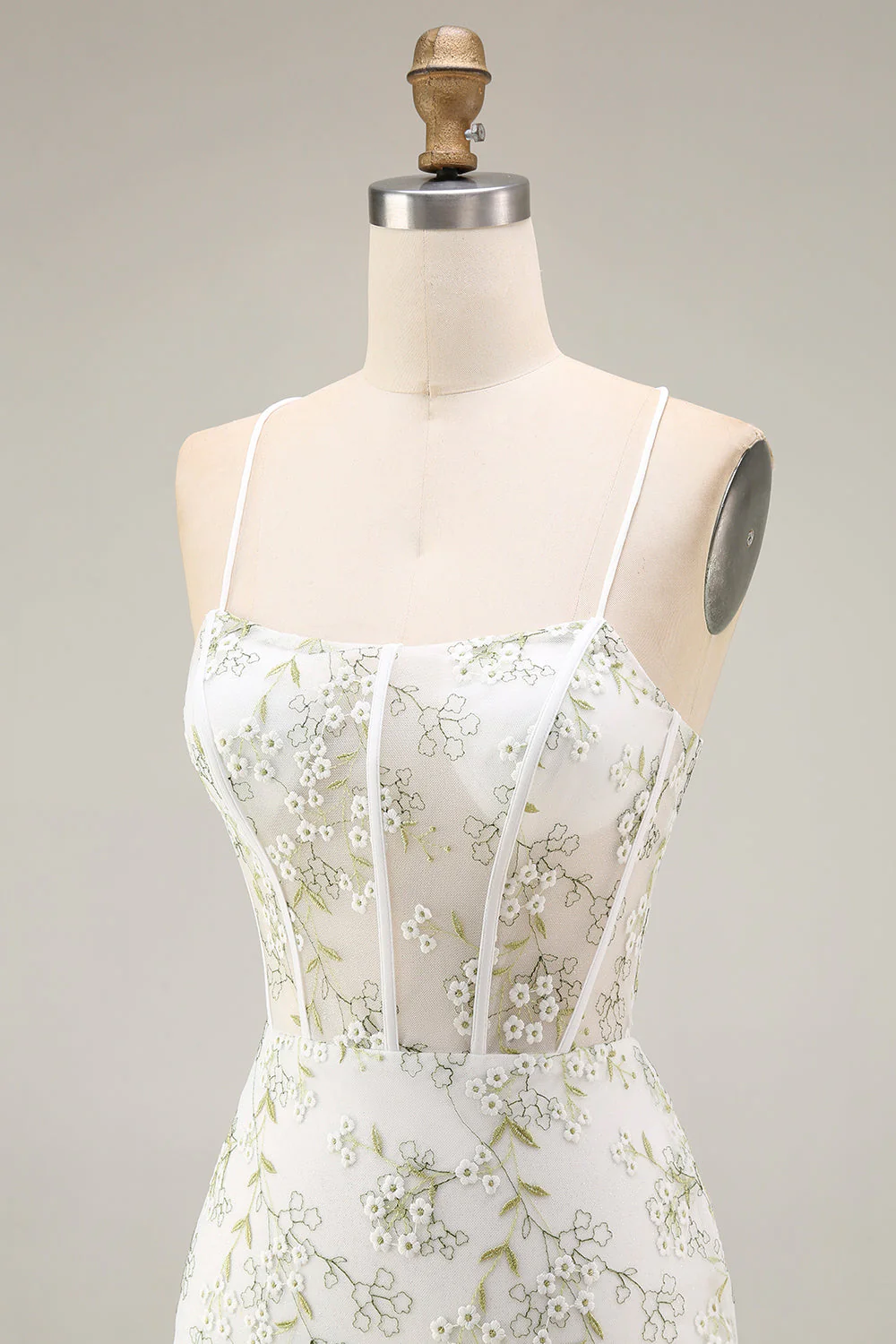 White Green Flower Sheer Corset Mermaid Lace Up Back Long Prom Dress with Slit - Image 6