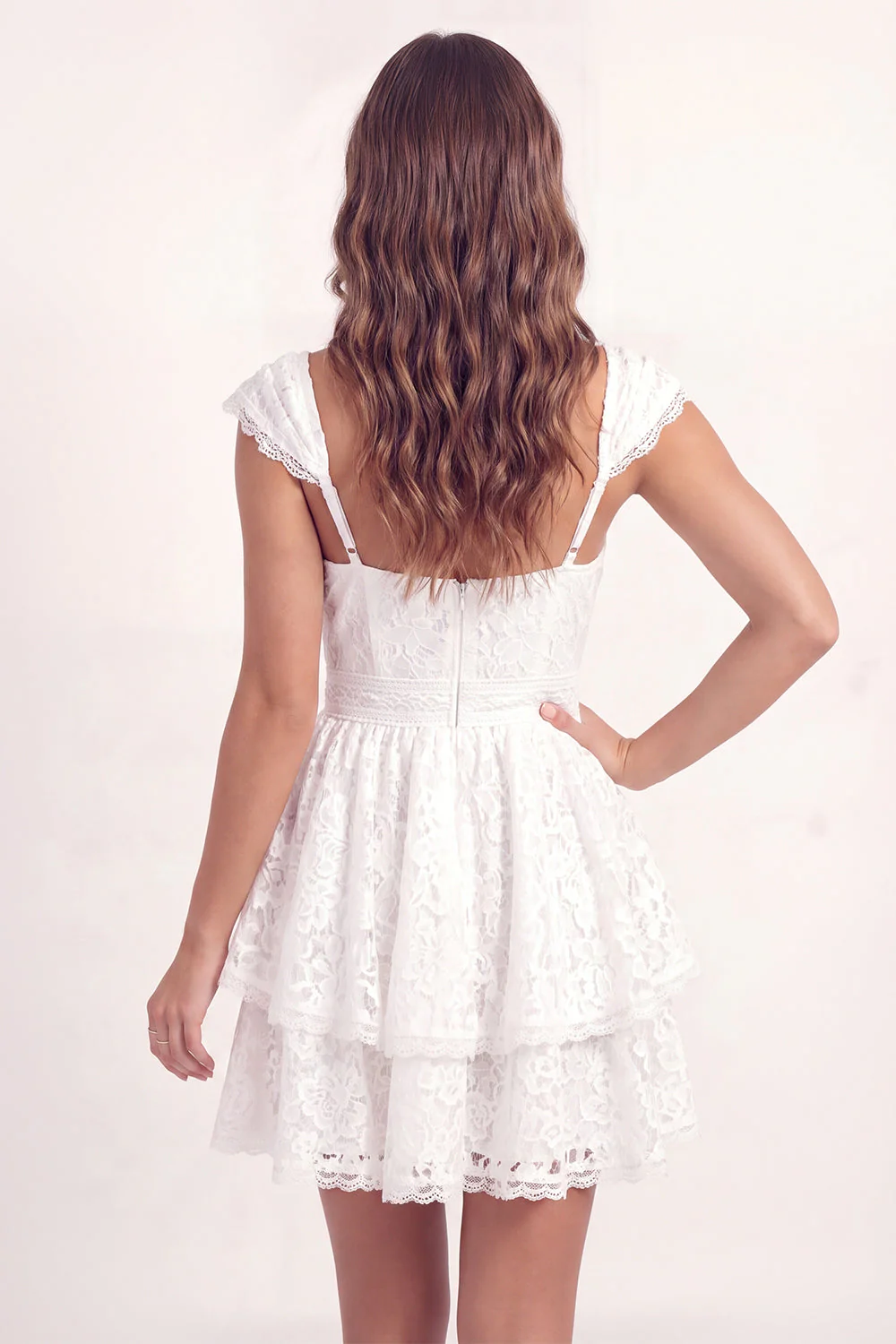 White Lace A-Line V-Neck Mini Graduation Dress with Cap Sleeves - Image 2